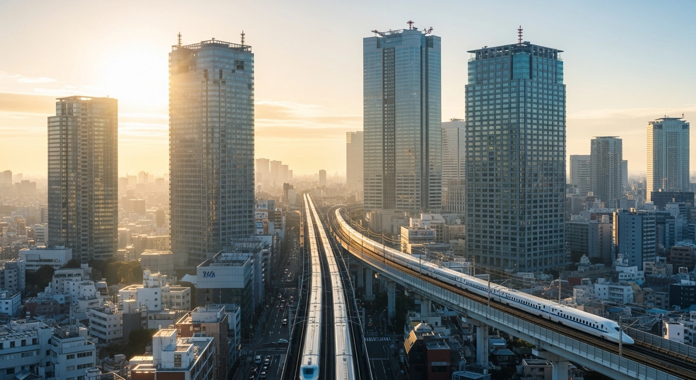 A wide shot of a futuristic Tokyo cityscape at dawn, featuring towering skyscrapers and a bullet train, symbolizing Japan's economic recovery, growth drivers, and underlying challenges.