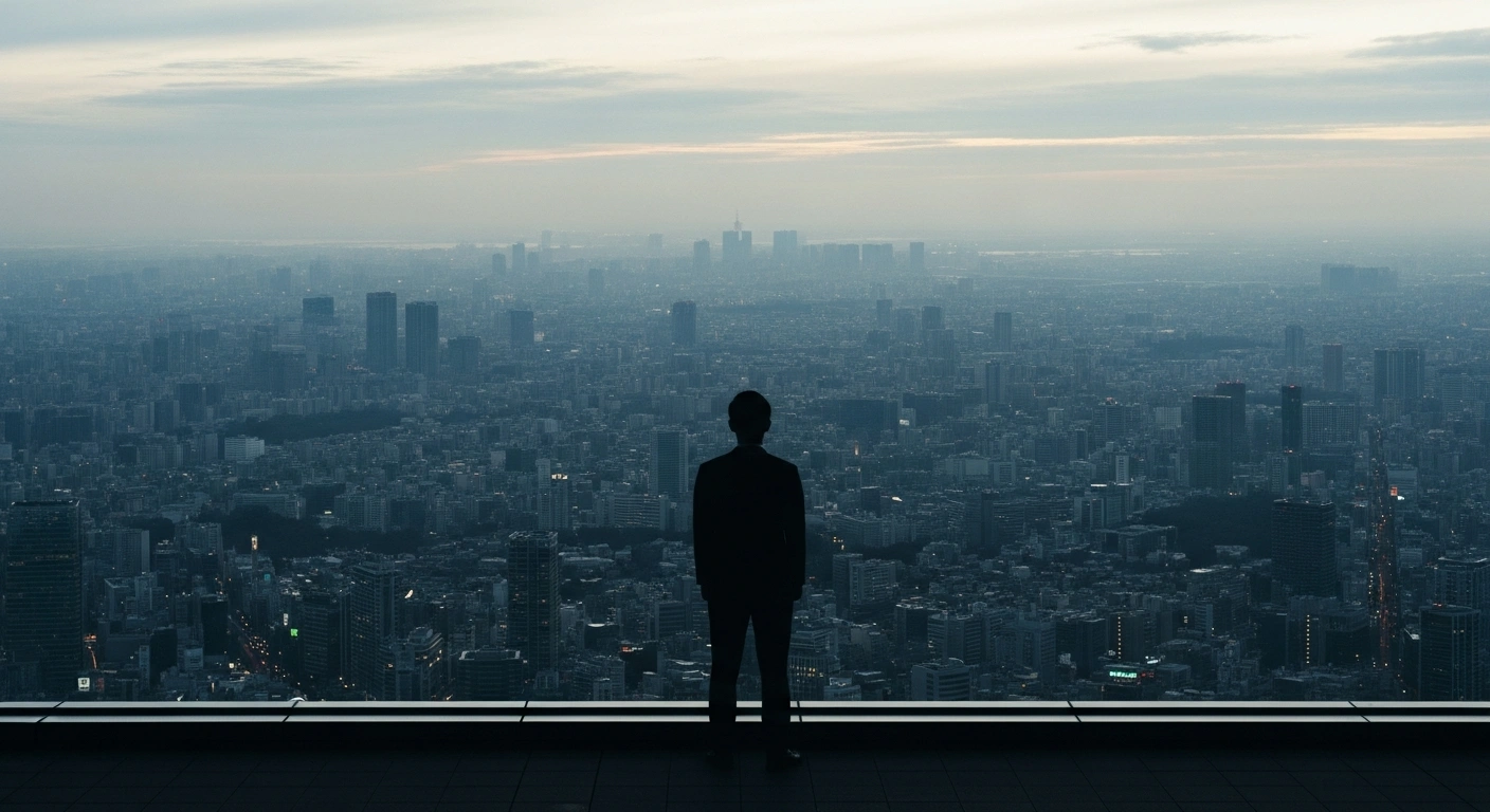 A lone figure stands on a high vantage point, overlooking a dimly lit, muted Tokyo cityscape at pre-dawn, symbolizing Japan's slower-than-expected economic growth in the fourth quarter of 2025, driven by faltering business spending and declining exports.