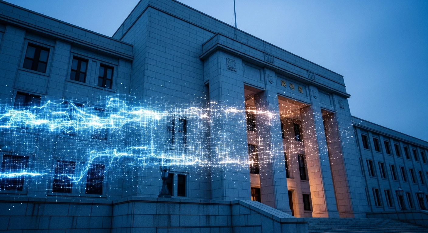The Japanese Diet building is depicted with a digital grid overlay representing the regulation of social media and artificial intelligence in election campaigns.