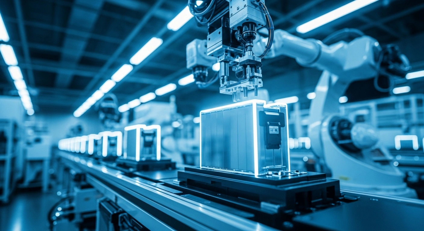 A robotic arm assembles advanced electric vehicle batteries in a high-tech Japanese manufacturing facility to support the growth of the domestic battery industry.