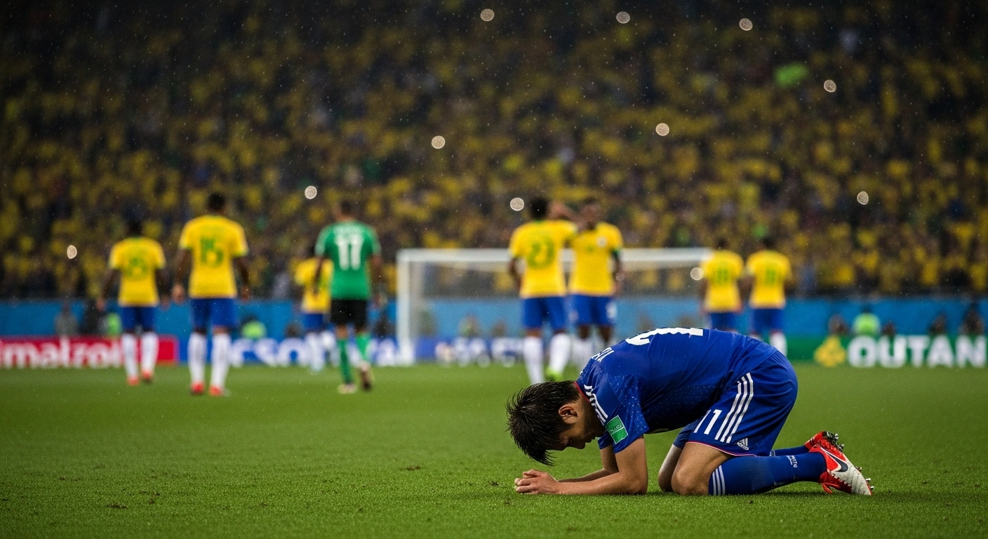A dejected Japanese football player kneels on the field after losing a FIFA World Cup match against Brazil.