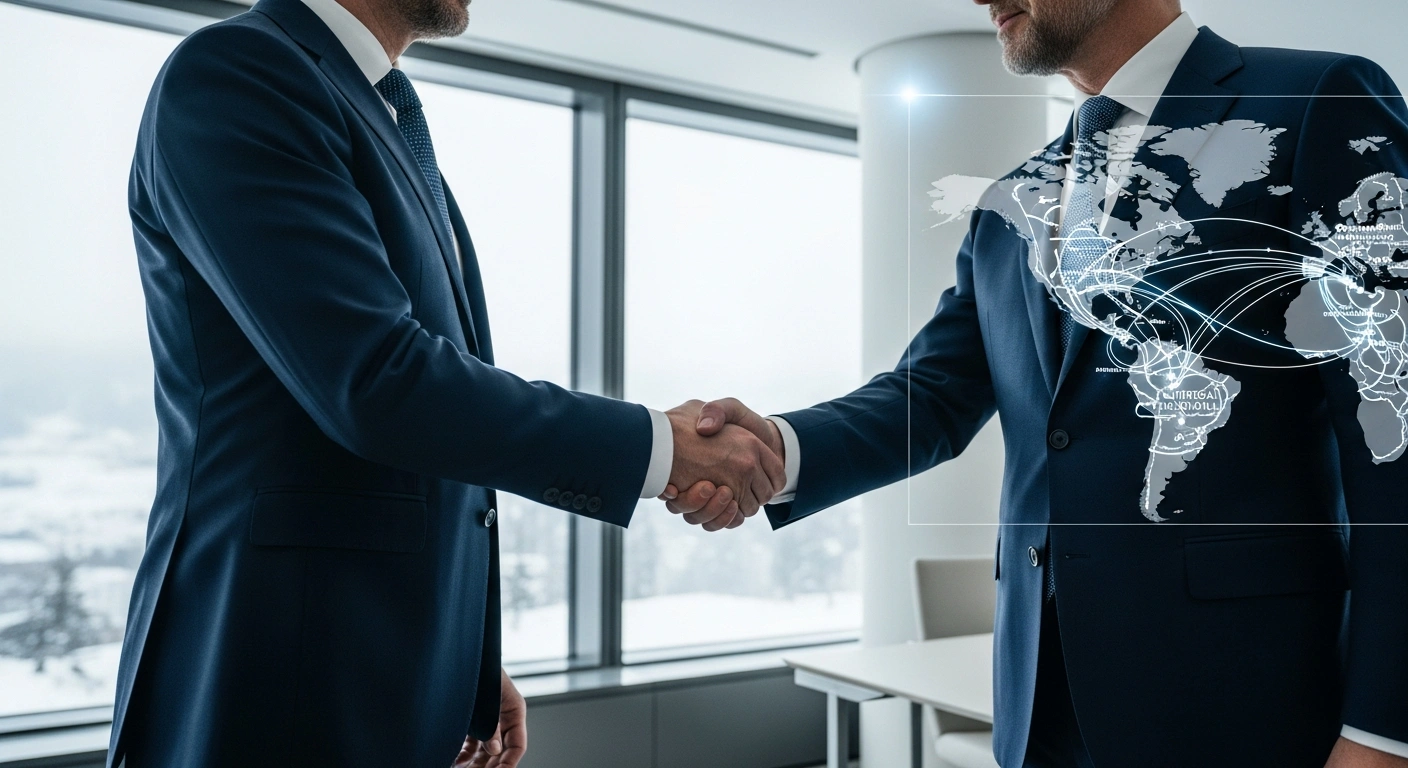 Japan's Minister Akazawa Ryosei and EU Executive Vice-President Stéphane Séjourné are depicted shaking hands at the World Economic Forum in Davos, symbolizing their meeting on January 21, 2026, to bolster cooperation on critical mineral supply chains under the Japan-EU Competitiveness Alliance and RESourceEU action plan.