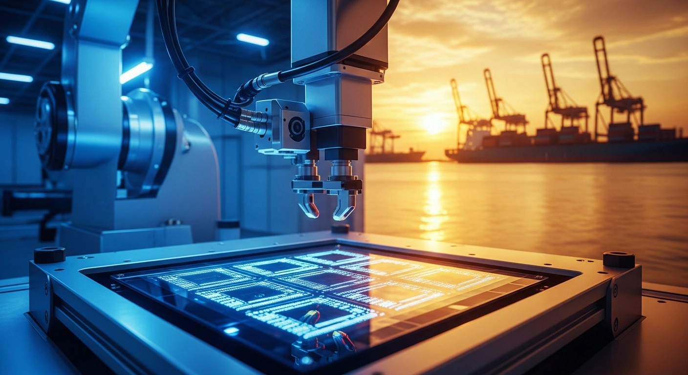 A high-tech semiconductor manufacturing facility with robotic arms producing AI hardware components as cargo ships wait in a busy port to represent Japan's export growth.