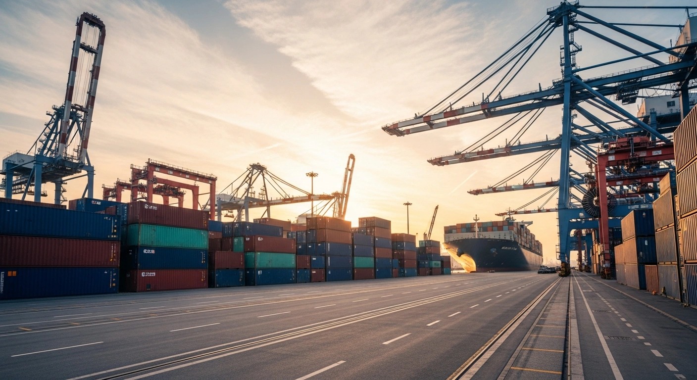 Massive cargo ships laden with goods depart a bustling Japanese port at dawn, symbolizing Japan's 16.8% export surge in January, driven by strong demand from China and other Asian markets, leading to a narrowed trade deficit.