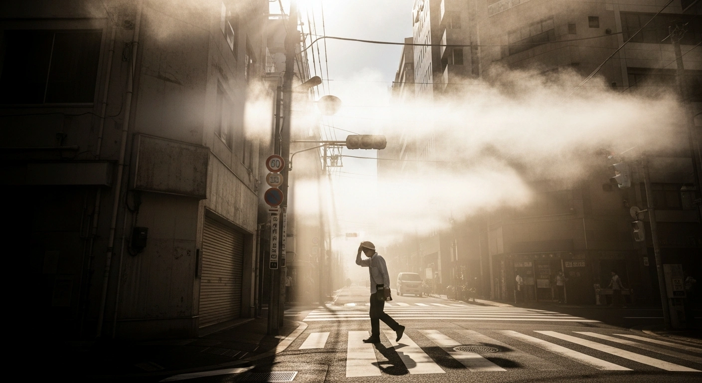 A pedestrian walks through a heat-hazed city street in Japan during an extreme heat wave as authorities issue urgent health warnings.
