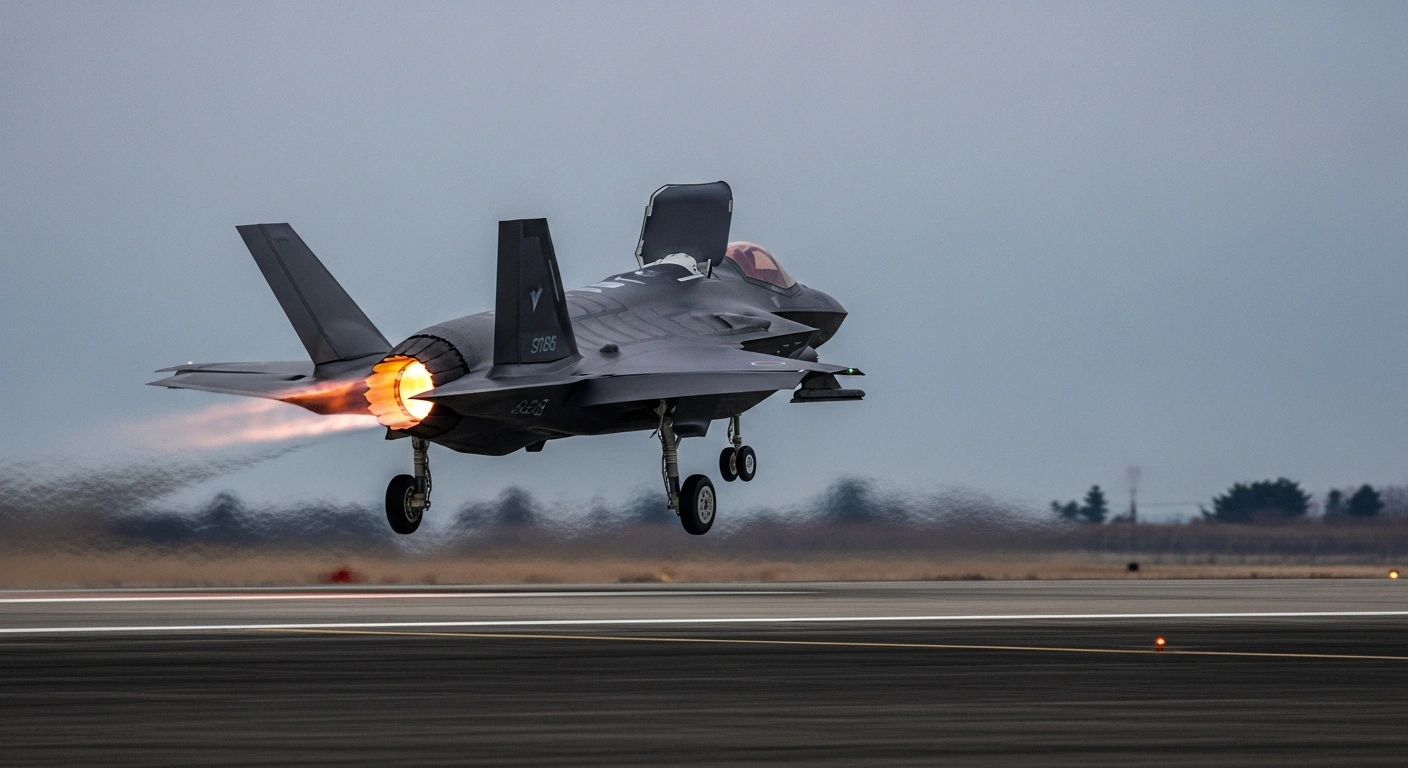 A U.S.-made F-35B Lightning II fighter jet performs a vertical takeoff from a concrete runway at Japan's Nyutabaru Air Base, showcasing its short takeoff and vertical landing capability.