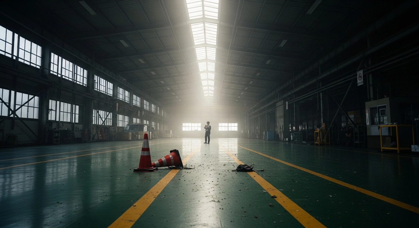 A wide, low-angle shot depicts the stark, dimly lit interior of a Yokohama Rubber Co. factory floor in Mishima, Shizuoka, Japan, showing scattered debris and an overturned safety cone, indicating the aftermath of an incident where Masaki Oyama allegedly stabbed and injured multiple people with bleach, leading to a police investigation.