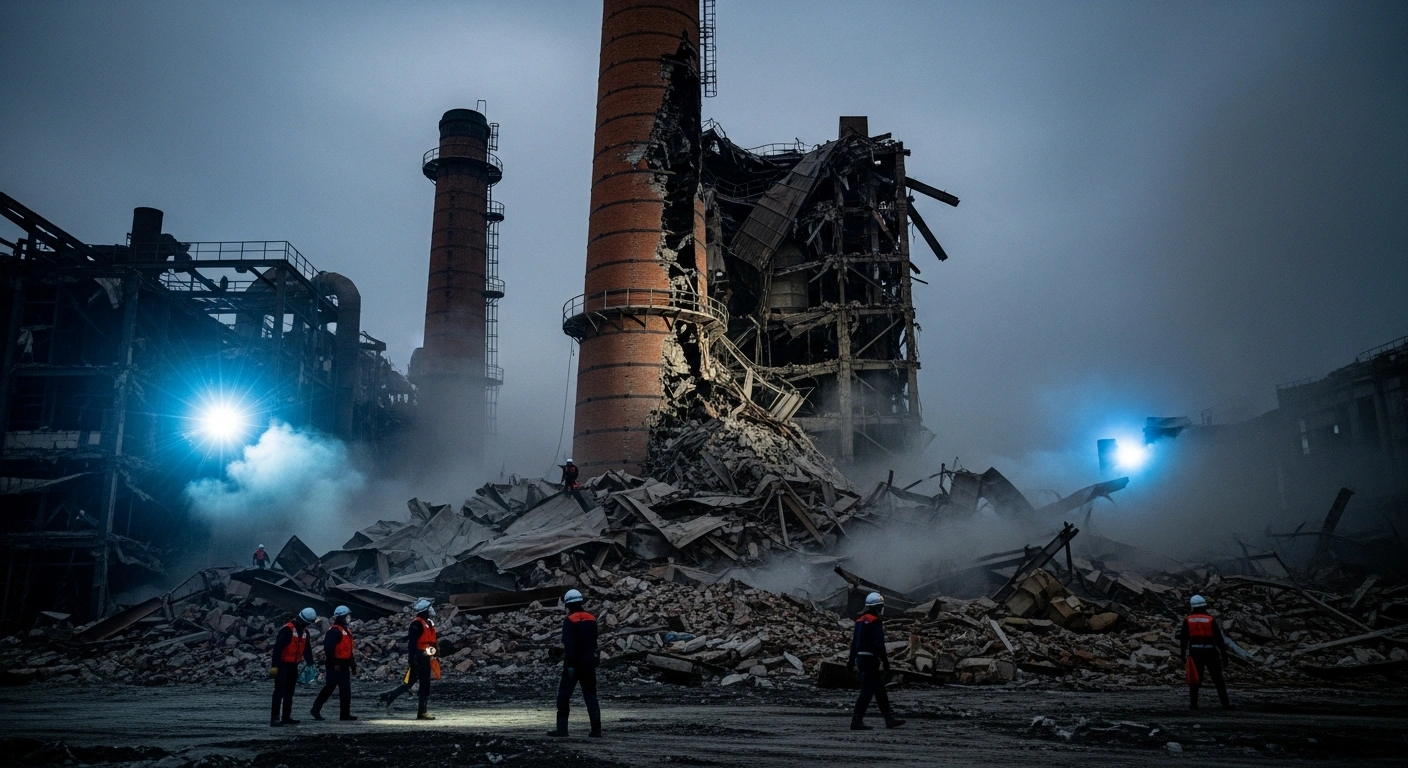 Emergency rescue workers search through the debris of a collapsed chimney at the Nippon Paper Industries factory in Yatsushiro following a major earthquake in Japan.