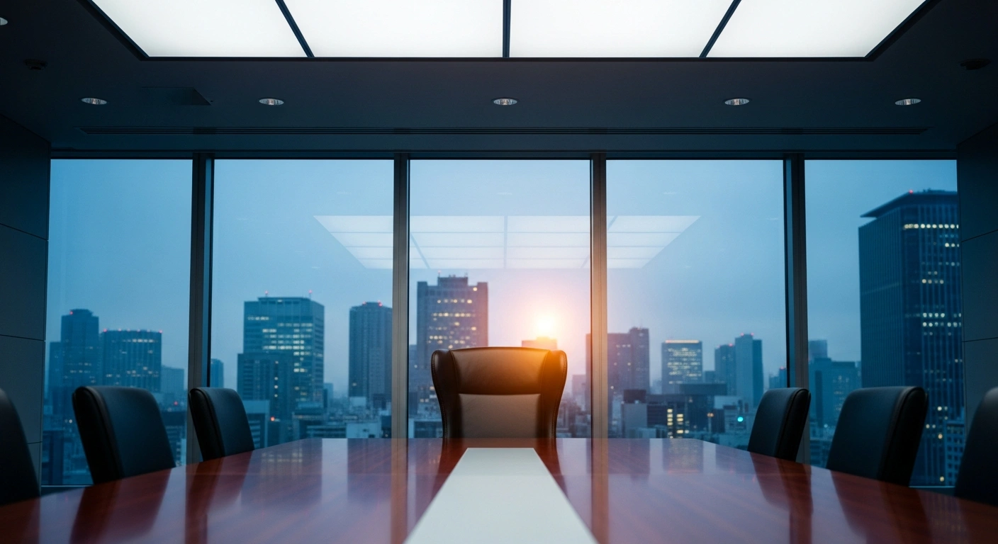An empty executive chair in a modern Tokyo boardroom represents the leadership transition at the Development Bank of Japan and other state-affiliated financial institutions.