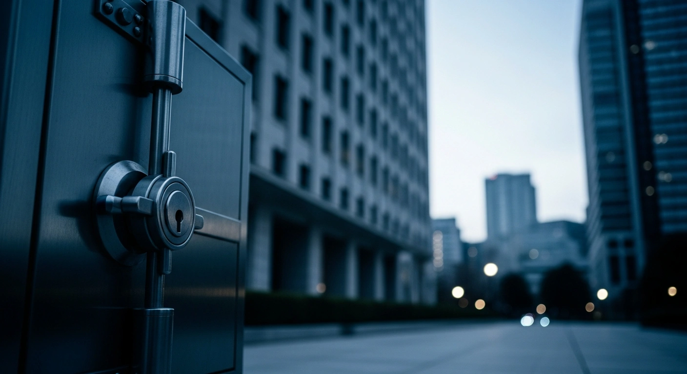 A symbolic representation of Japanese financial sanctions featuring a heavy steel vault door to illustrate the freezing of assets by the Ministry of Foreign Affairs.