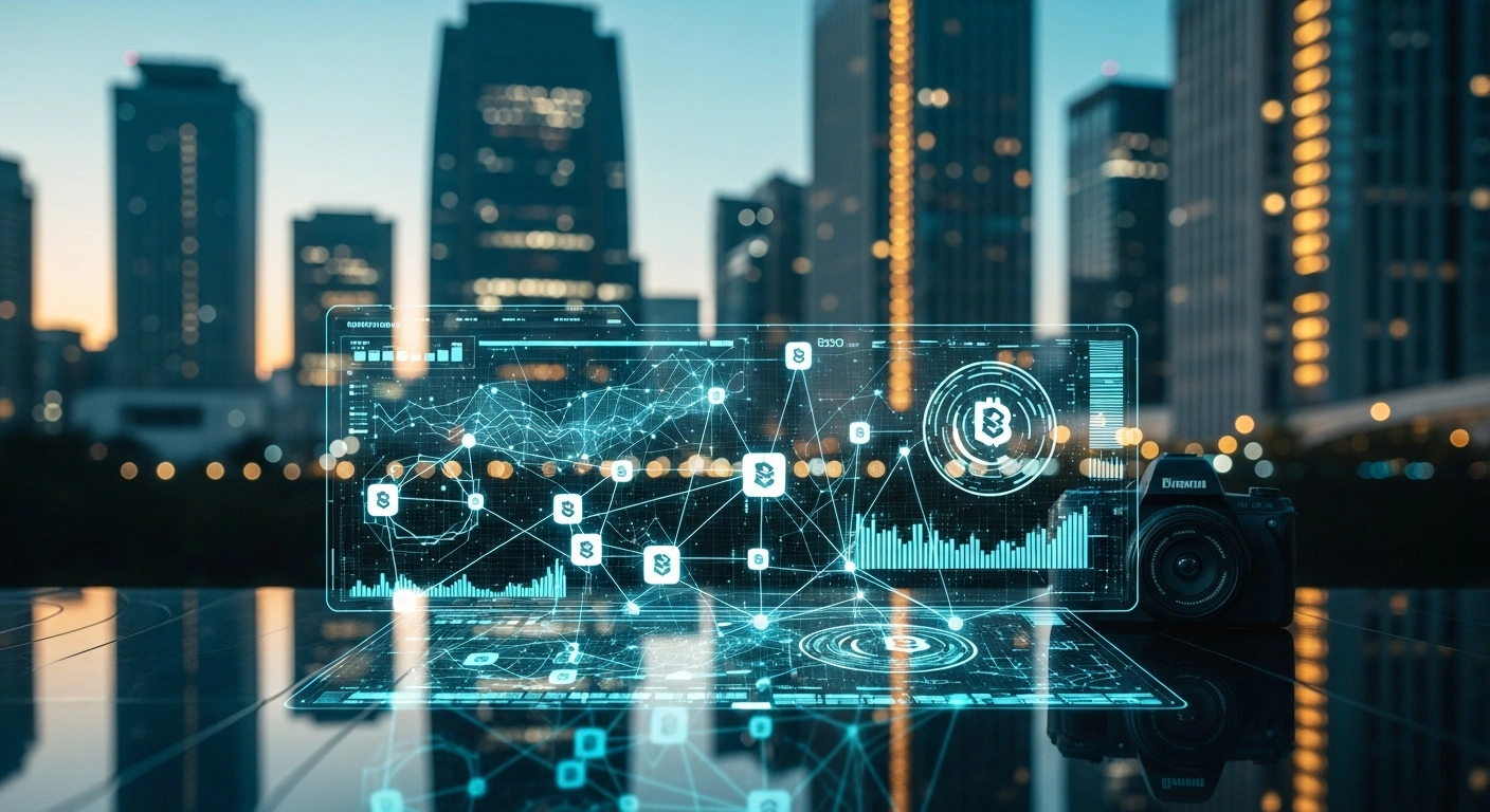 A futuristic digital visualization of Japan's financial infrastructure featuring holographic blockchain nodes and artificial intelligence data streams in a modern Tokyo setting.