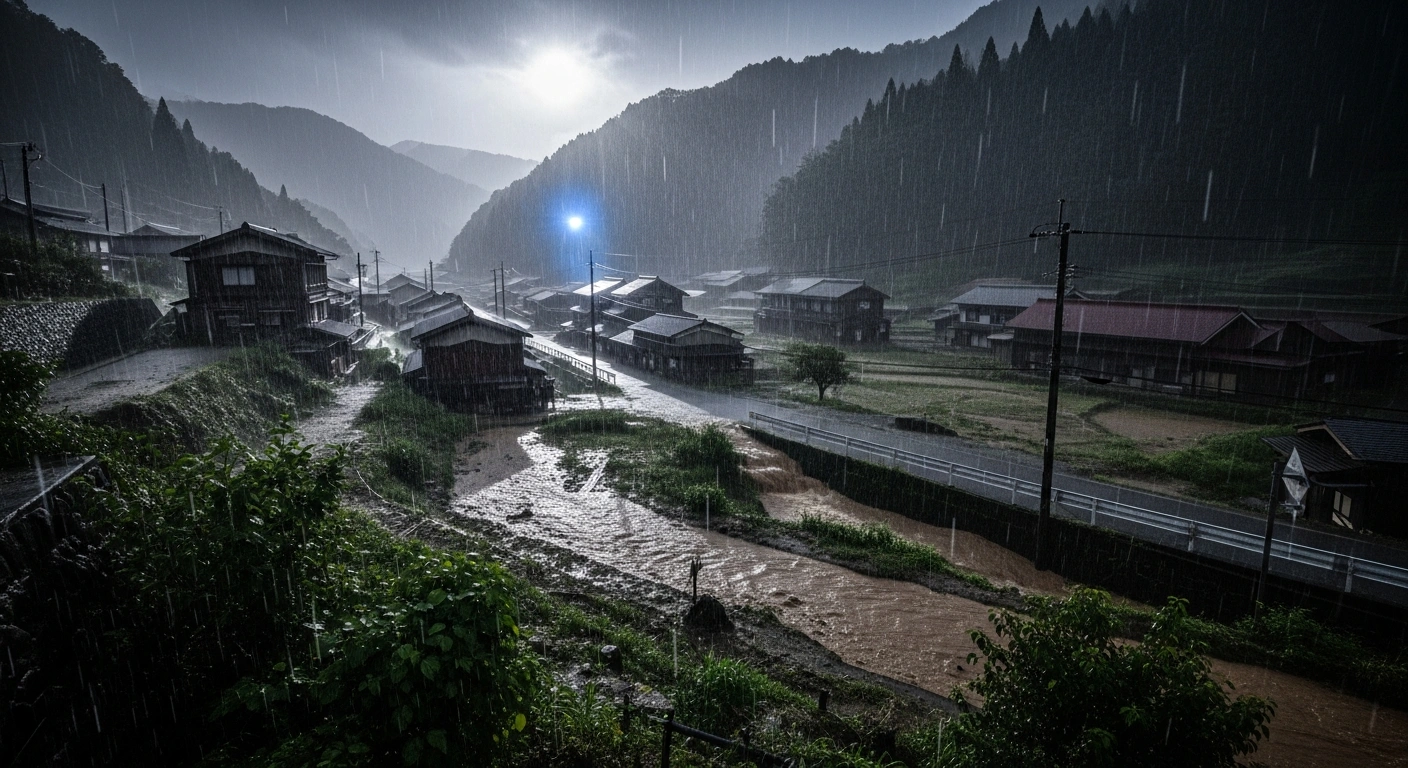 Heavy rainfall causes flooding and potential landslide risks in a residential area of Kyushu, Japan, during a severe weather event.