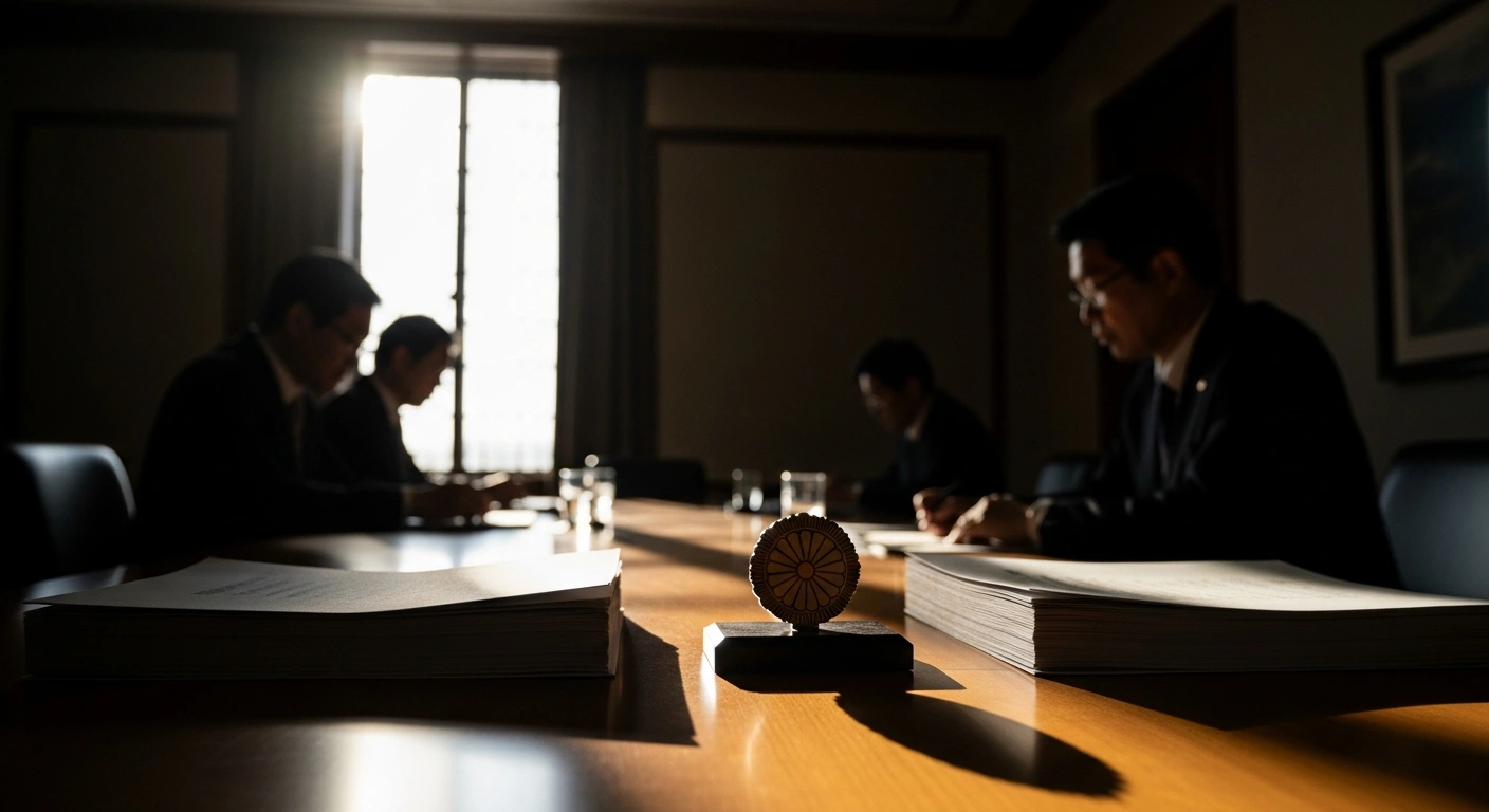 A low-angle photograph captures a polished conference table in a modern Japanese government office, with official documents and a Japanese seal illuminated by sunlight, symbolizing discussions by Japanese ministers on tightening foreign land acquisition and immigration controls.