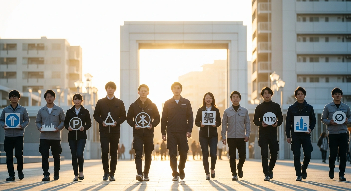 A diverse group of foreign workers walks purposefully towards a modern building in a Japanese city at dawn, symbolizing Japan's new 'Employment for Skill Development' system and reformed foreign employment policy.