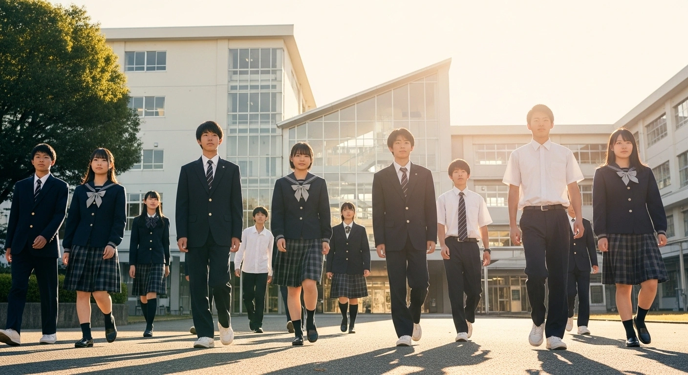A diverse group of Japanese high school students walks confidently towards a modern school building under the warm light of a rising sun, symbolizing the new agreement by Japan's Liberal Democratic Party, Nippon Ishin no Kai, and Komeito to make high school education effectively free and increase access starting in fiscal 2026.