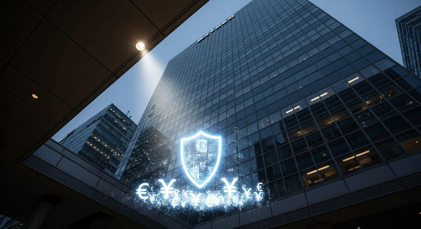 A low-angle view of a modern Japanese financial building at twilight, with a glowing digital shield protecting abstract currency symbols, symbolizing Japan's Financial Services Agency's (FSA) upcoming legislation requiring cryptocurrency exchanges to establish substantial liability reserves to safeguard investors against losses.