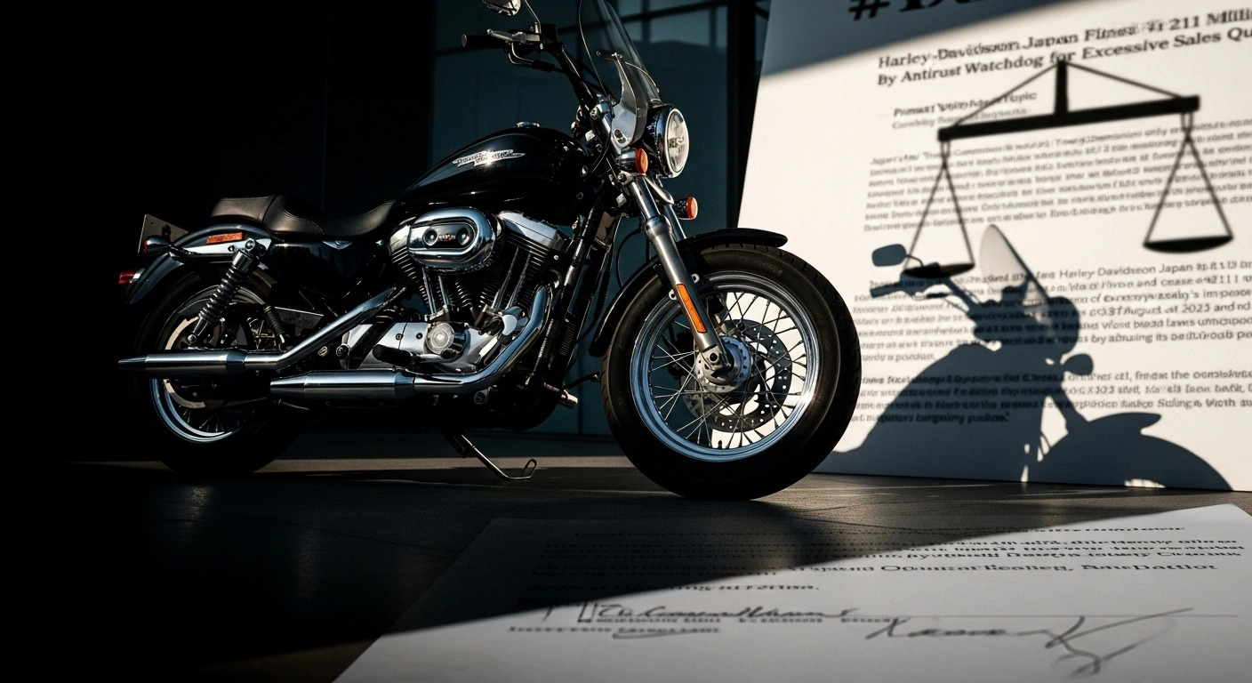 A gleaming Harley-Davidson motorcycle is partially obscured by a sharp, imposing shadow representing a legal order, symbolizing Japan's Fair Trade Commission fining Harley-Davidson Japan ¥211 million for excessive sales quotas.