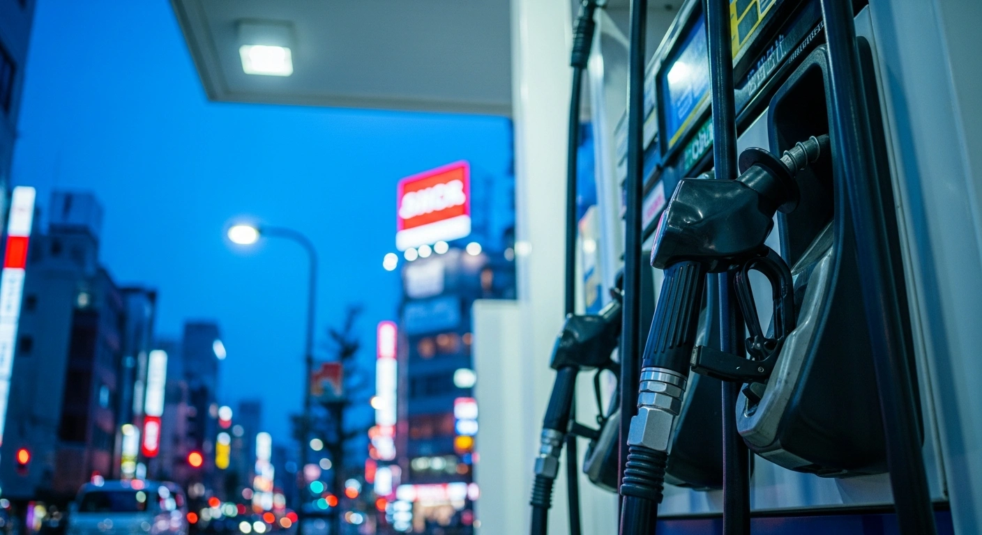 A modern gas station in Japan during twilight as retail gasoline prices continue to decrease due to government subsidies.