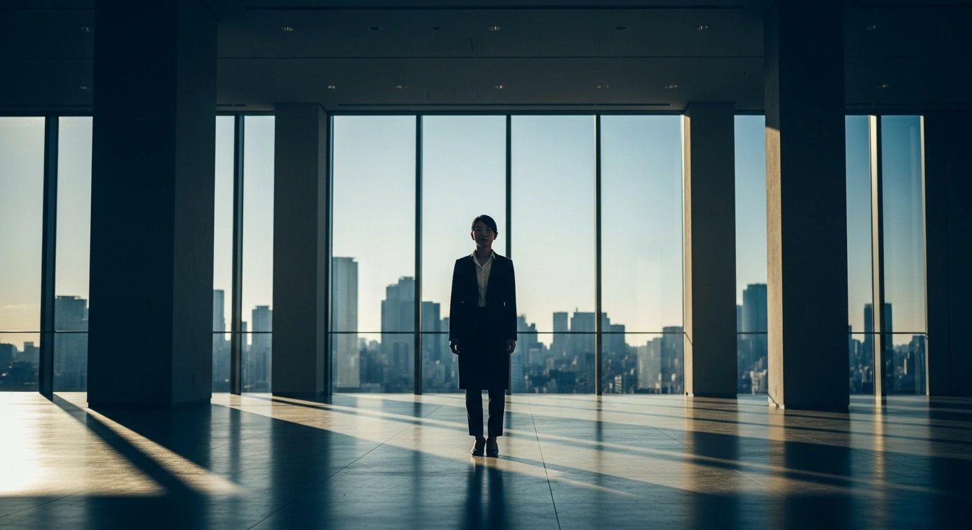 A professional woman stands in a modern, minimalist building in Japan, representing the ongoing efforts to address gender inequality and political underrepresentation.