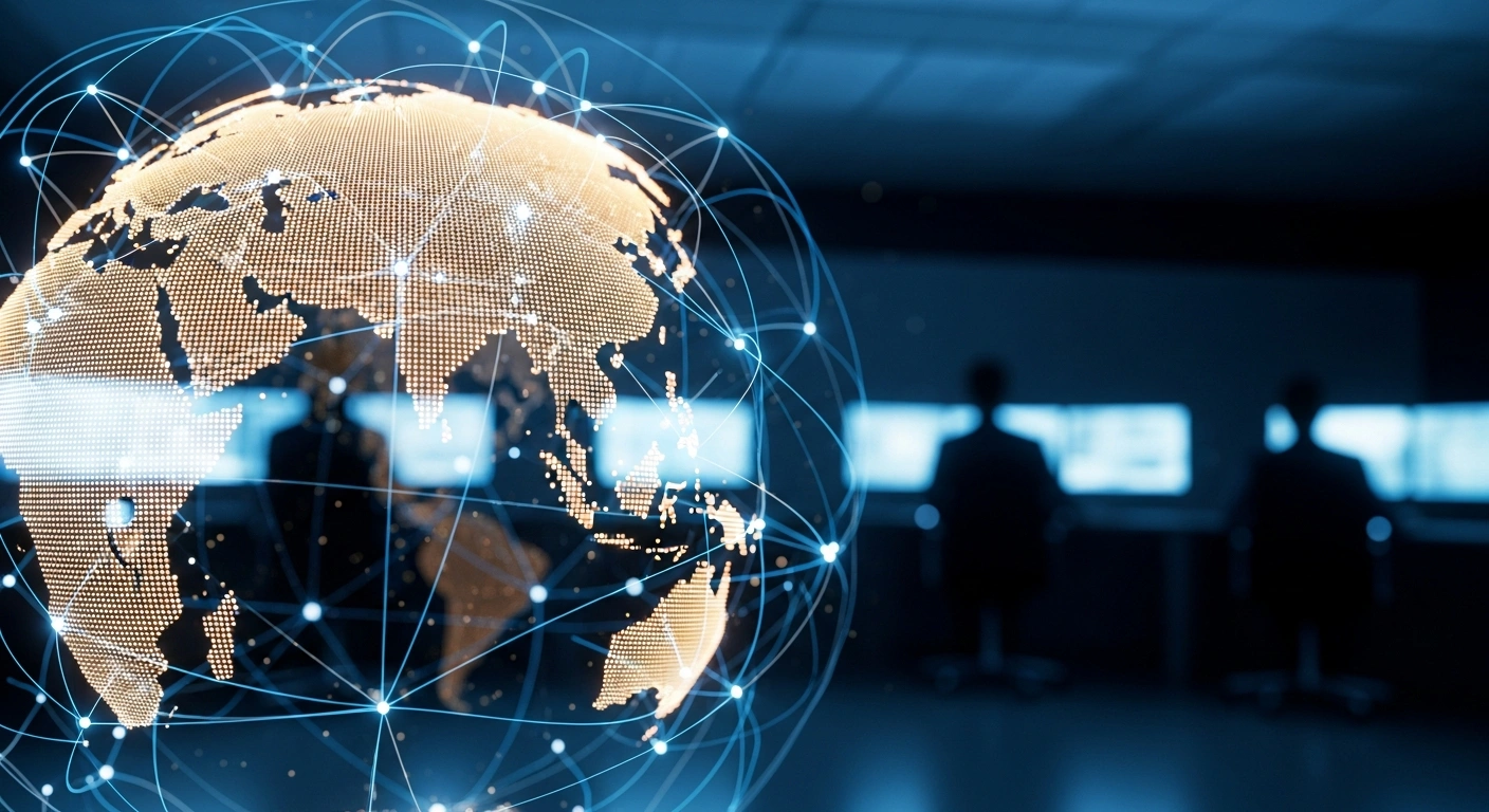 A high-tech command center displays a holographic globe with digital nodes representing international collaboration against AI-powered cyberattacks on critical infrastructure.
