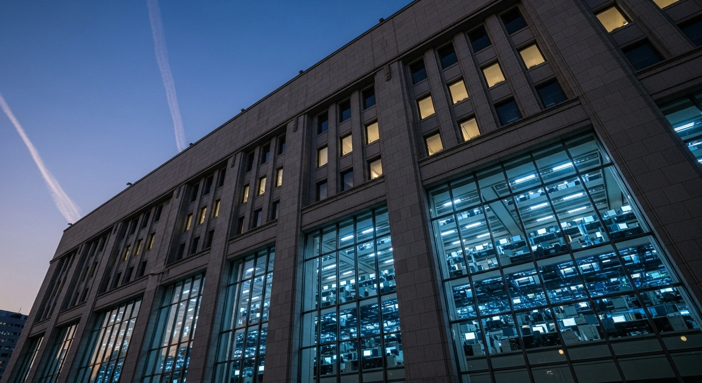 A low-angle, wide shot of a modern Japanese government building at dusk, with an ethereal blue and white glow from numerous workstations visible through its panoramic windows, symbolizing Japan's swift implementation of its government-wide generative AI strategy for over 100,000 public officials.