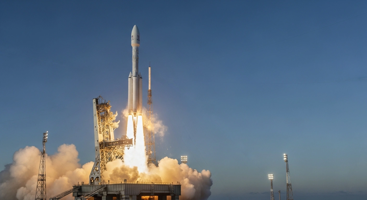 A powerful, sleek white Japanese H3 rocket ascends against a pre-dawn sky, with a subtle flicker and wisp of smoke near its second stage, visually representing its launch failure to deliver the Michibiki No. 5 satellite to orbit.