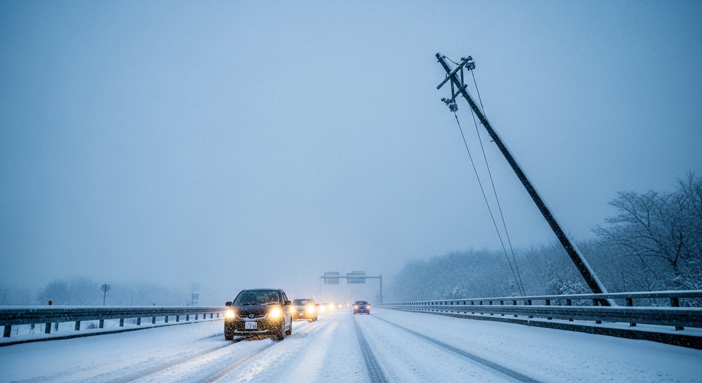 A snow-covered Sanyō Expressway in Japan is depicted at pre-dawn, with heavy snowfall illuminating the headlights of several trapped vehicles, illustrating the traffic paralysis caused by a severe winter storm.