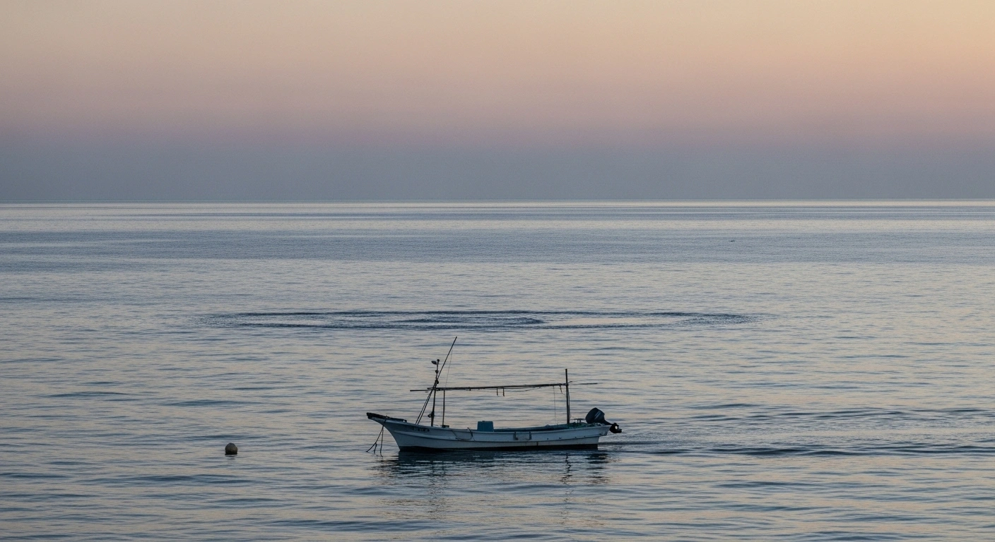 A serene Japanese coastline at dusk, featuring a calm sea and a gently bobbing wooden fishing boat, symbolizing the light shaking from an M6.0 earthquake near the east coast of Honshu, Japan, on October 4, 2025, which caused no tsunami warnings or significant damage.