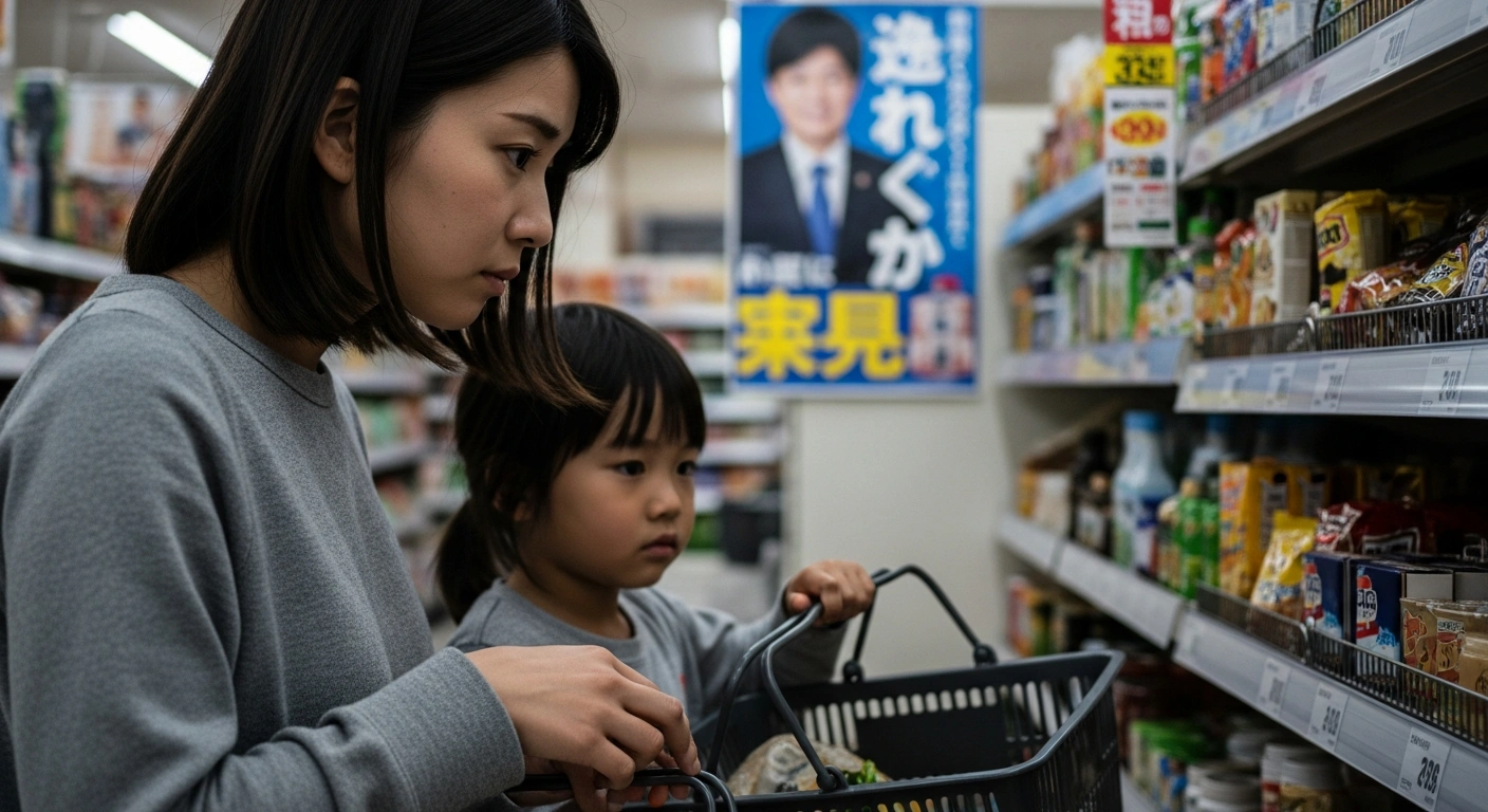 A Japanese mother and her child look with concern at a sparse grocery shelf in a supermarket, symbolizing the financial strain on Japanese households due to persistent price increases, with a political campaign poster in the background hinting at proposed consumption tax cuts by major parties for the upcoming general election.