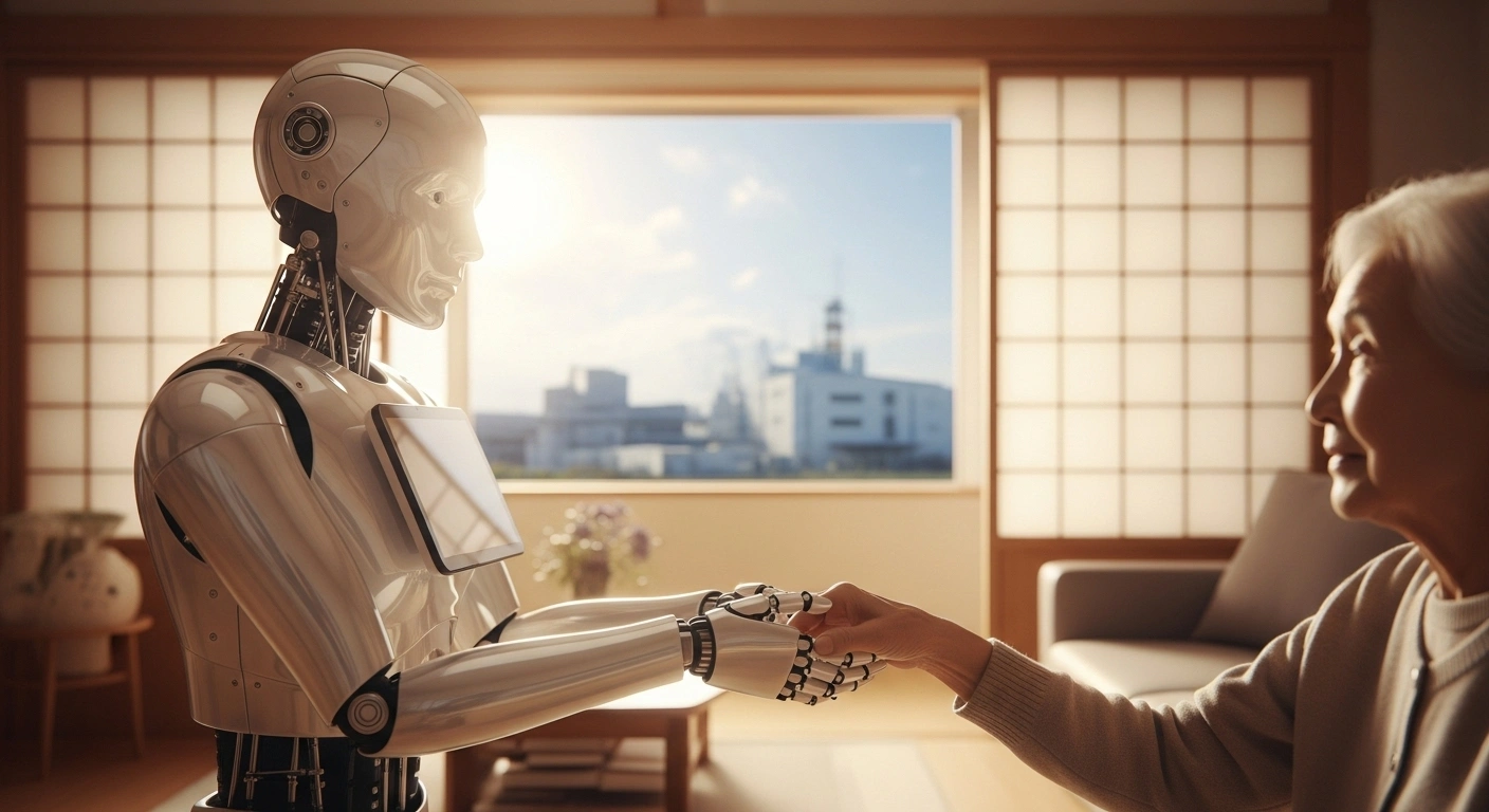 A sophisticated, gleaming humanoid robot gently supports the hand of an elderly person in a sunlit, modern Japanese living room, while a high-tech manufacturing facility is visible in the soft-focus background, representing Japan's ambitious 2030 goal for multipurpose humanoid robots to address societal challenges.