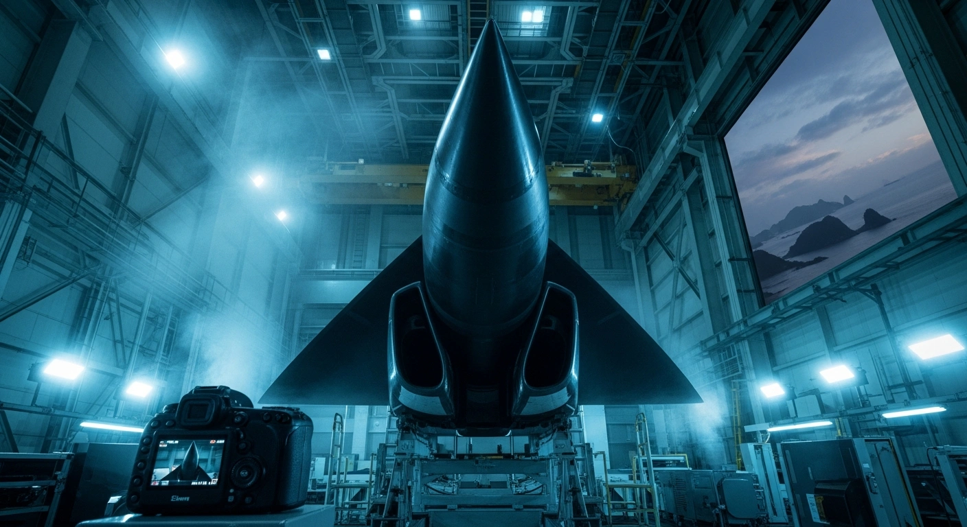 A sleek hypersonic missile is being prepared in a high-tech Japanese defense facility, symbolizing Japan's accelerated production and strategic shift in its 2026 defense budget to counter perceived threats.