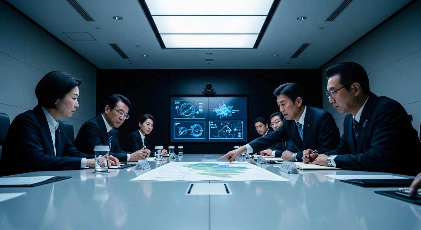 A group of Japanese officials from the Liberal Democratic Party's task forces are intensely deliberating around a conference table in a modern government building, addressing complex issues related to foreign nationals, immigration, residence status, and land acquisition, aiming to propose countermeasures by January 2026.