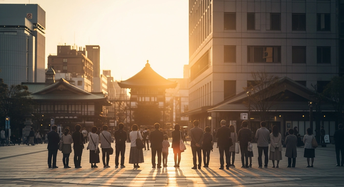 A diverse group of people stands in a modern Japanese city square representing the implementation of a new income-linked cash benefit system for social security.
