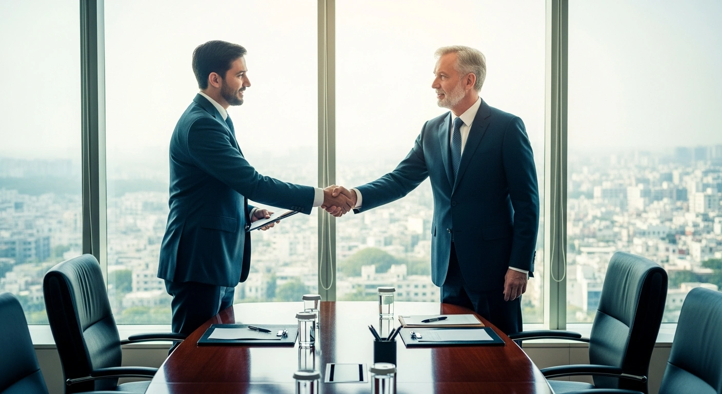 Japanese and Indian officials shake hands during an economic security dialogue in New Delhi to discuss supply chain resilience and technological cooperation.