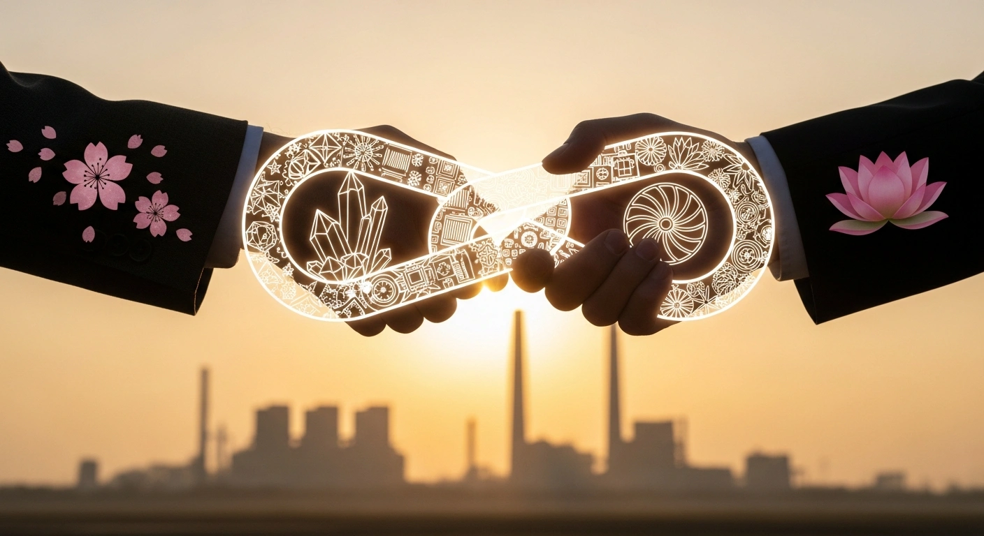 Two hands, one representing Japan with a cherry blossom motif and the other India with a lotus, firmly interlock a glowing chain link symbolizing secure supply chains for critical minerals, semiconductors, and clean energy, against a receding silhouette of an industrial complex, illustrating their joint effort to bolster economic security and reduce reliance on China.