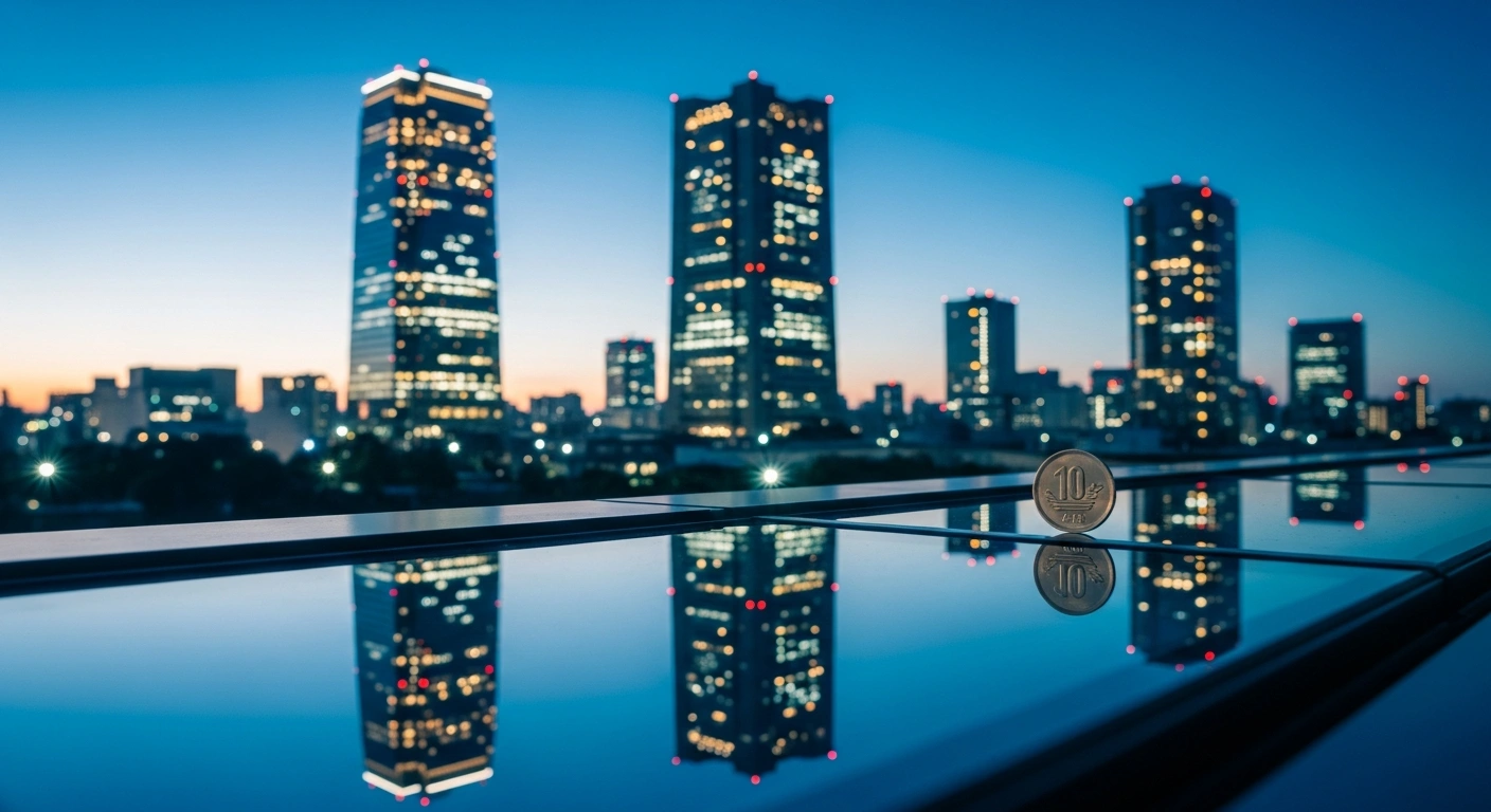 A modern Tokyo financial district at twilight represents the cooling inflation trends and shifting monetary policy in Japan.