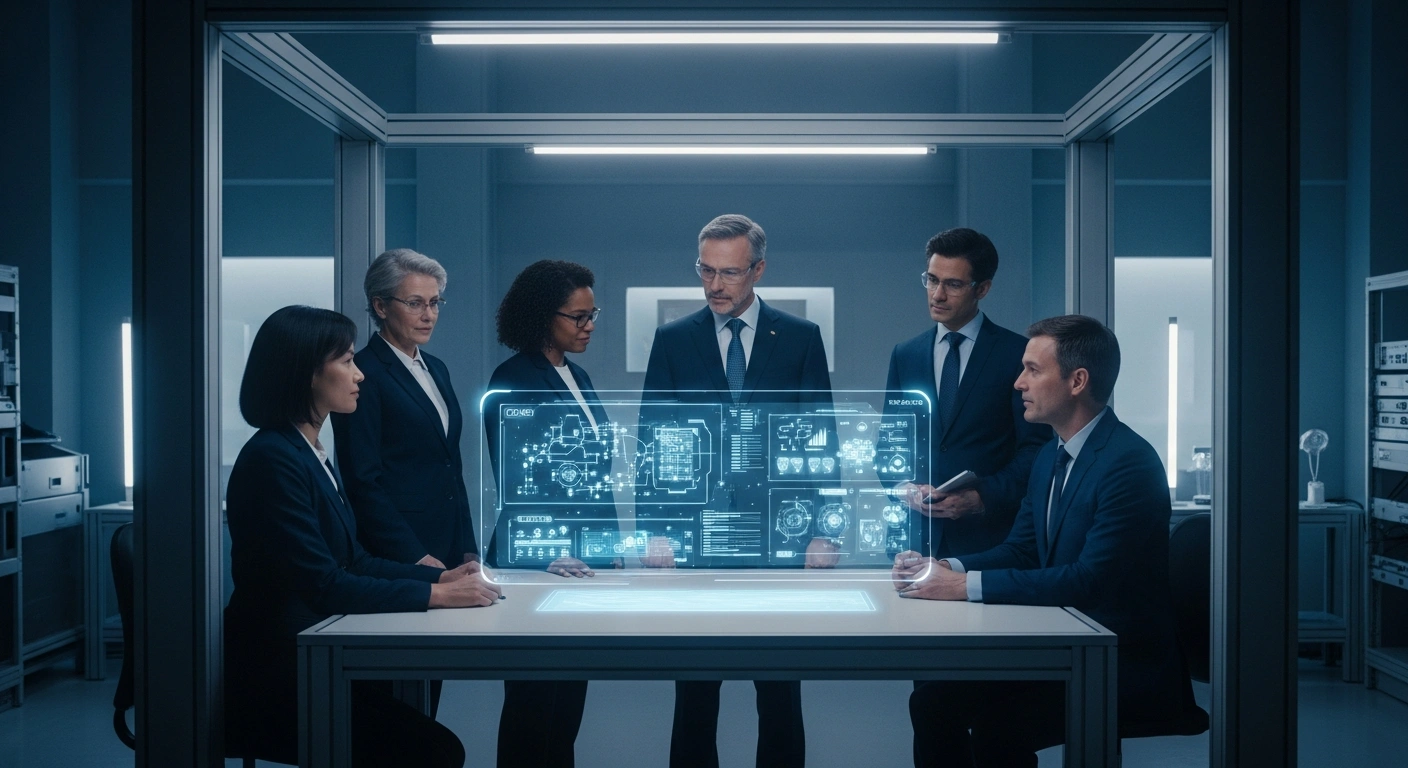 Japanese government officials, academics, and private industry leaders collaborate on dual-use technology development in a high-tech laboratory setting.
