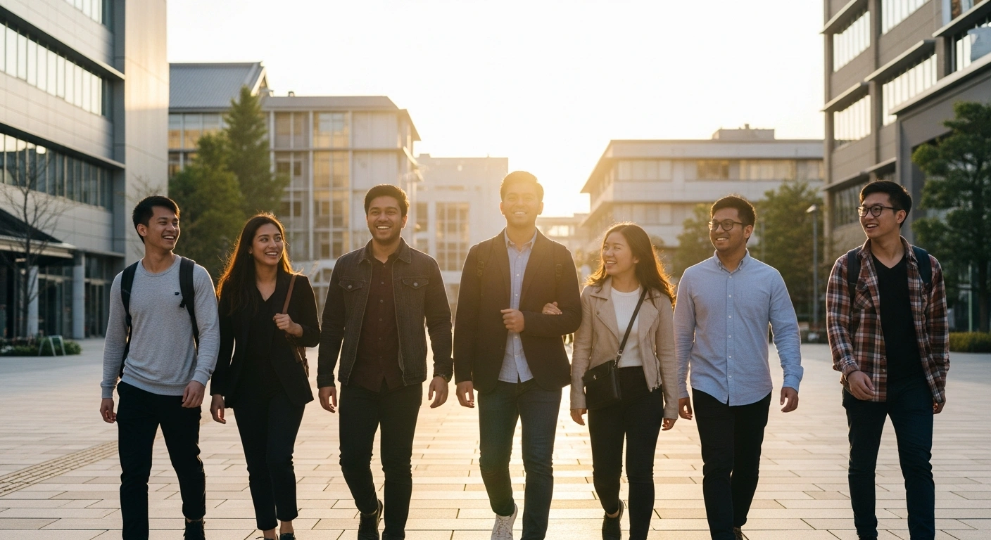 A diverse group of smiling international students walks confidently through a sun-drenched modern Japanese university quad, symbolizing Japan's achievement of attracting a record 435,200 international students by June 2025, significantly exceeding its goal.