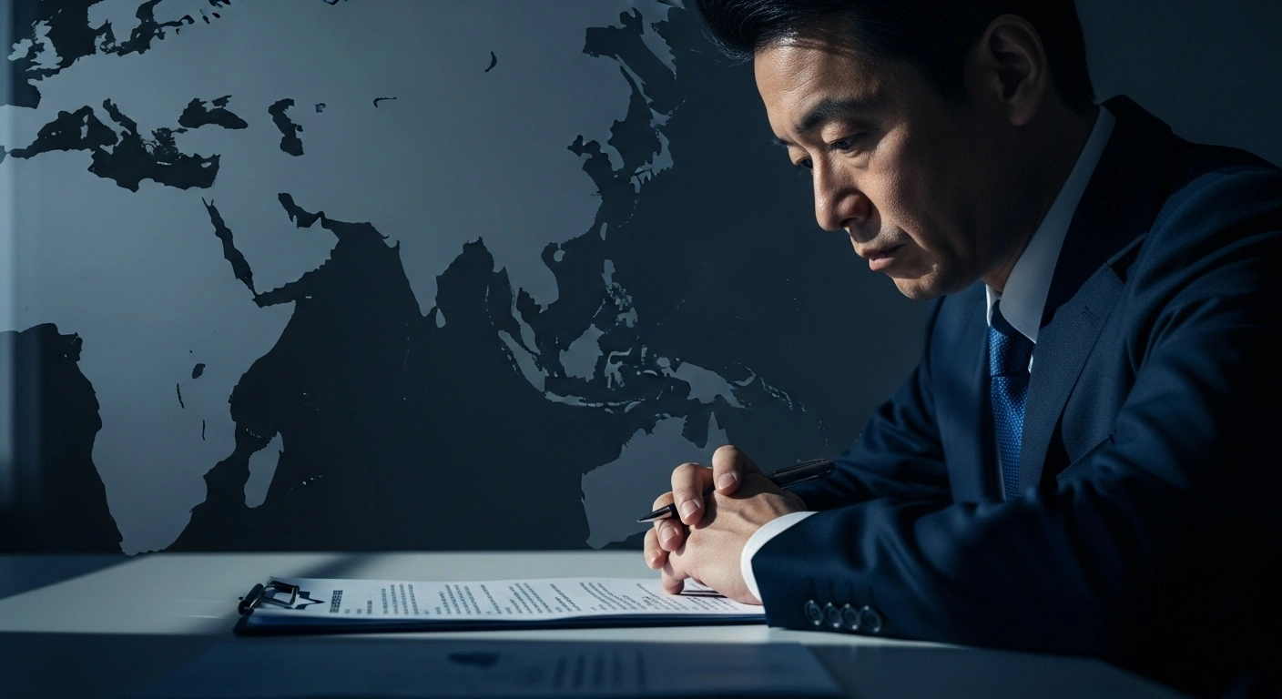 A somber Japanese diplomat sits at a desk with a partially obscured map of the Middle East, reflecting on Japan's decision to resume economic sanctions against Iran, freezing assets of organizations and individuals due to Iran's nuclear development, a move Japan expressed regret over but committed to uphold.