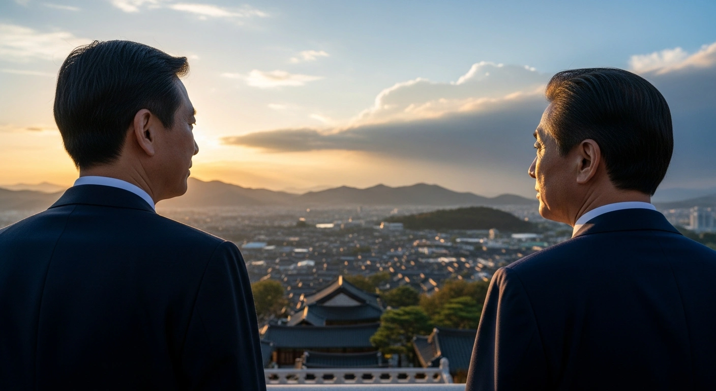 Japanese Prime Minister Sanae Takaichi and South Korean President Lee Jae Myung stand together, looking towards a panoramic view of Gyeongju at sunset, symbolizing their inaugural summit to bolster bilateral ties and trilateral cooperation with the United States for a future-oriented relationship amidst regional challenges.