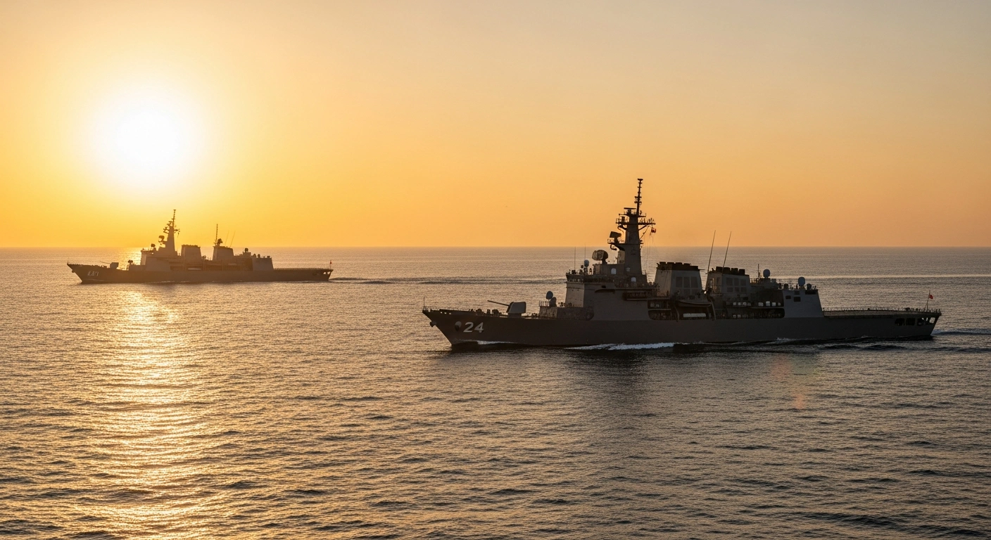Japanese and South Korean naval vessels are depicted sailing in close formation during a joint search and rescue (SAREX) drill at sunset, symbolizing renewed bilateral military cooperation.