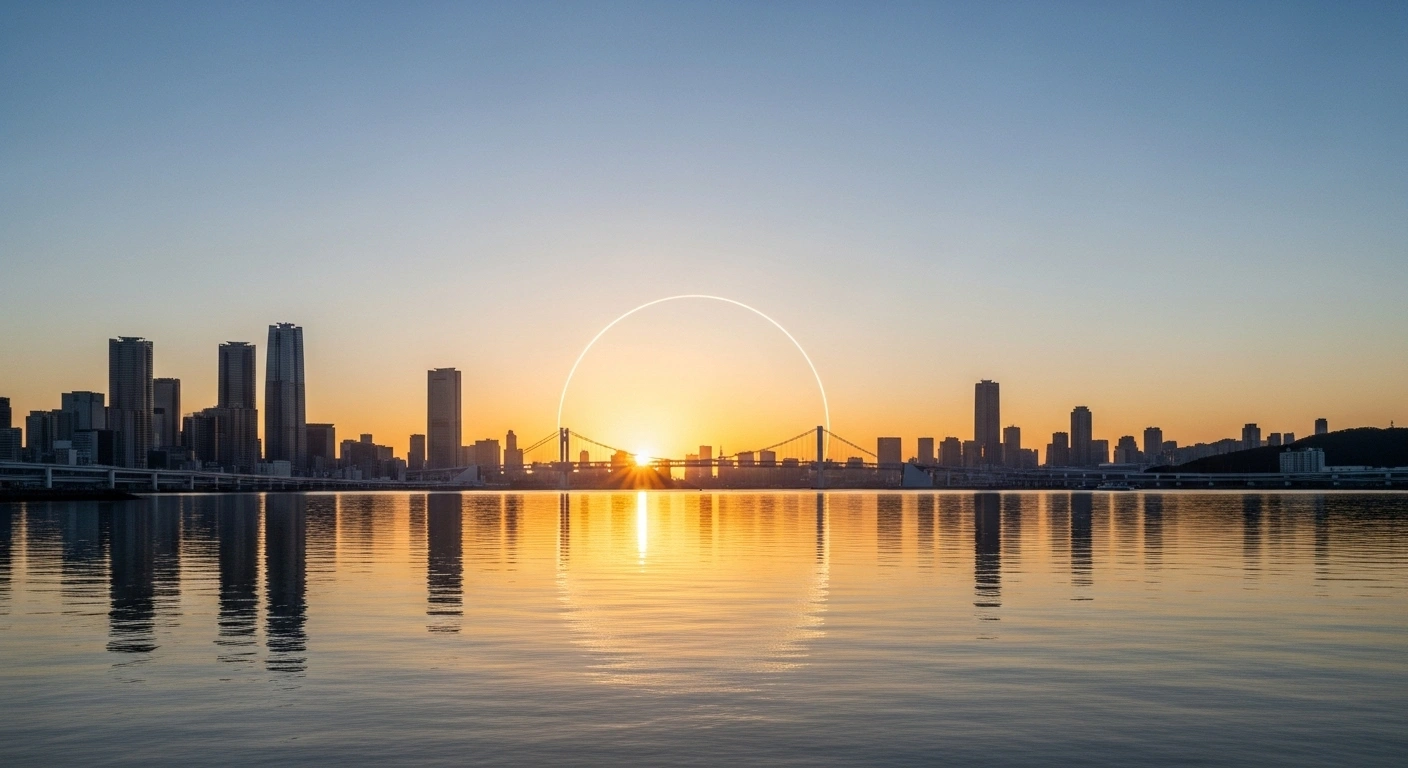 A panoramic view at dawn shows the skylines of Tokyo and Seoul reflected in calm water, connected by a luminous bridge of light, symbolizing the proposed Japan-Korea strategic partnership for their 60th anniversary, focusing on enhanced security, economic cooperation, and people-to-people exchanges.
