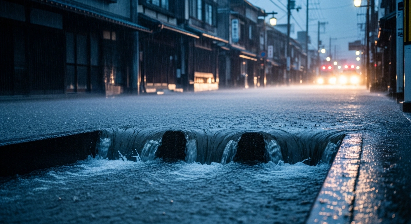 Heavy rain from linear rainbands causes severe flooding in a residential area of Japan's Kyushu region.