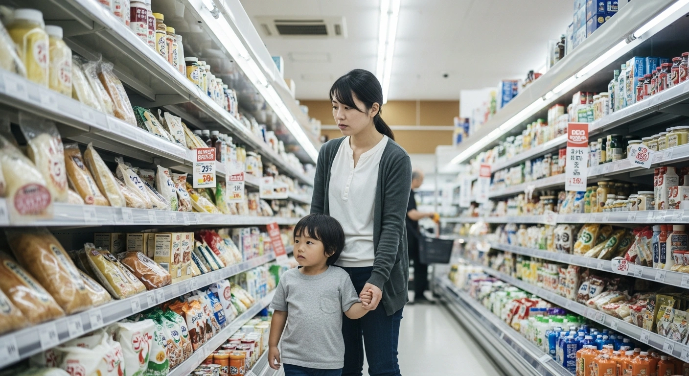 A Japanese mother and child stand in a supermarket aisle, contemplating food items, symbolizing the impact of rising living costs and the Liberal Democratic Party's proposal to suspend the 8% consumption tax on food and beverages.