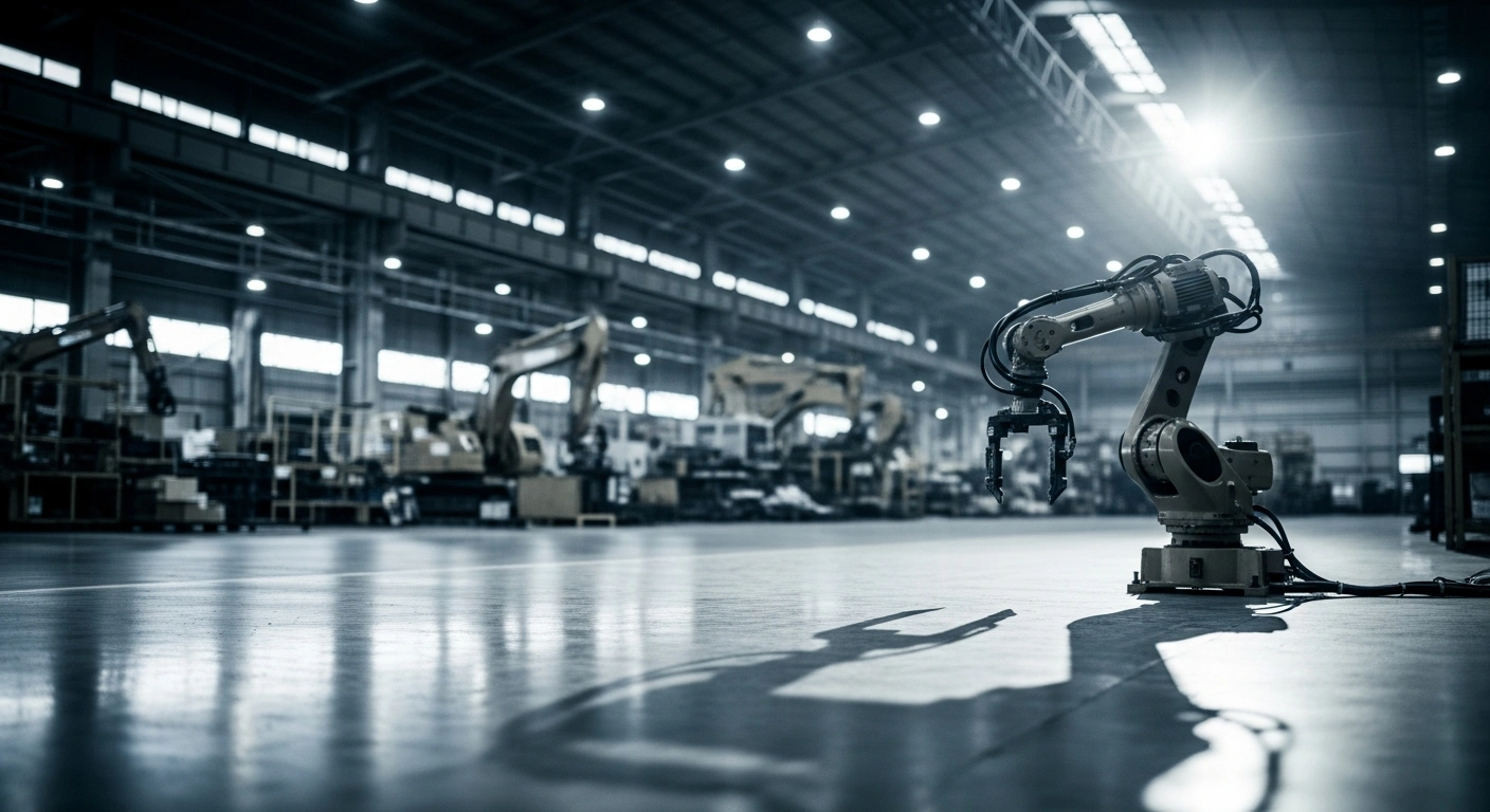 A dormant industrial robotic arm stands in a quiet factory, representing the decline in Japanese machinery orders and business investment.