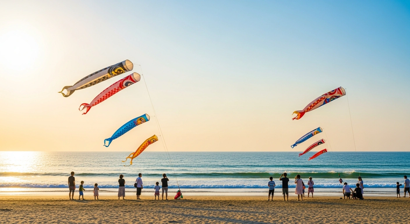 People enjoy a sunny day at a Japanese beach during the Marine Day national holiday celebration.