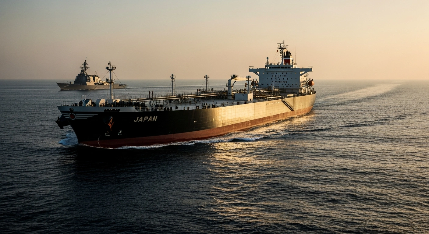 A large Japanese cargo vessel navigates through the Middle East as a naval escort ship monitors the surrounding waters to ensure maritime security.