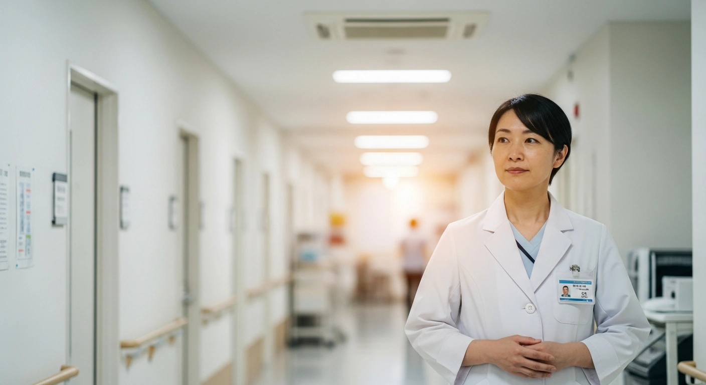 A dedicated Japanese healthcare professional in a modern hospital corridor, symbolizing the government's decision to raise overall medical service fees and healthcare worker costs, while slightly reducing drug prices.