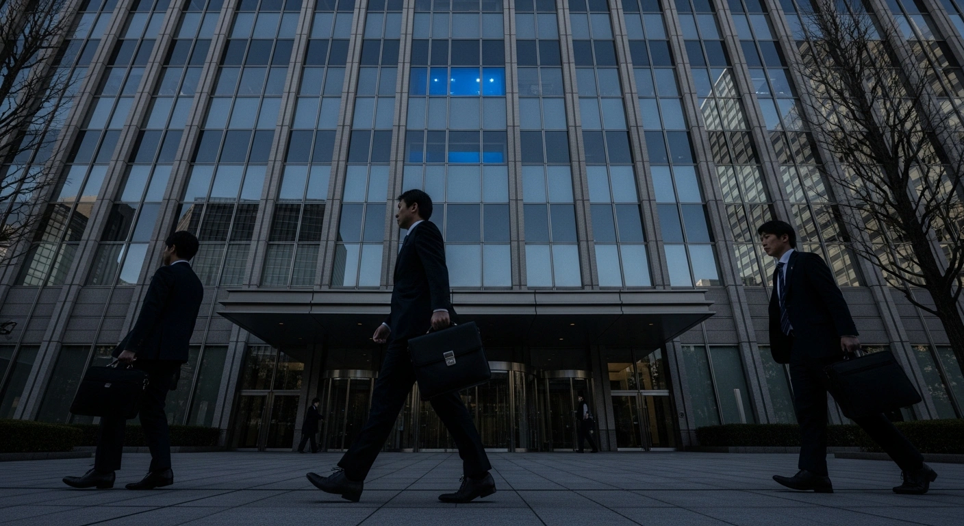 Stern-faced officials from the Japan Fair Trade Commission are depicted conducting an on-site inspection at a modern corporate building representing Microsoft Japan Co. in Tokyo, as part of an investigation into suspected Antimonopoly Act violations concerning Azure cloud services.