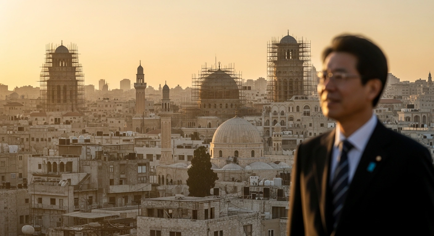 A Japanese diplomat observes a Middle Eastern city undergoing reconstruction efforts to support regional stability following a peace agreement.